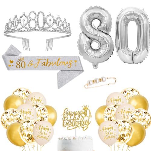 80 Años Corona y Faja Cumpleaños Mujer, 80 Años Tiara Corona y Banda Plata 80th Cinturón de Cumpleaños Corona de Diamantes, 80 Cumpleaños Diadema Globos Cake Topper per 80 Cumpleaños Decoración Party