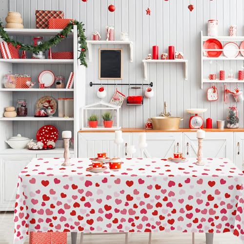 Image of OQOQ Love Heart Valentines Day Tablecloth (2 Packs) - 108x54 Inches Pink and Red Hearts Plastic Table Cloth Disposable Rectangle Table Cover for Anniversary Engagement Party Decorations Supplies