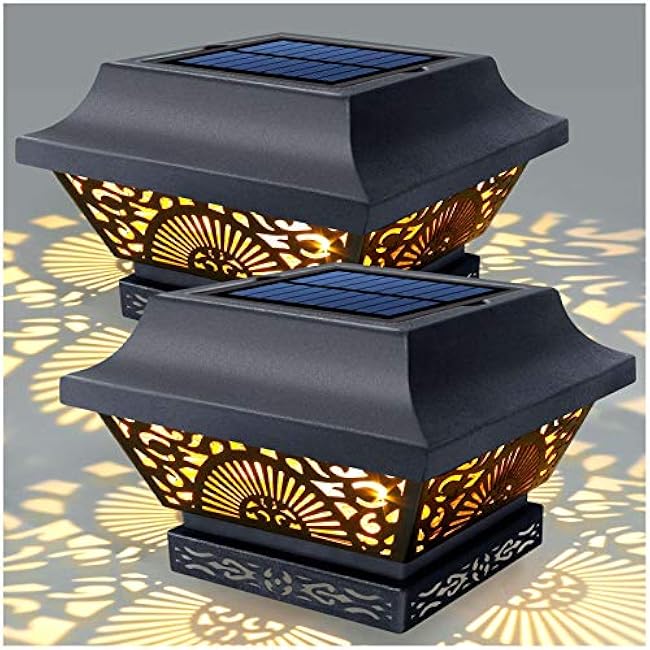 DenicMic Solar Post Lights 2 Pack Solar Post Cap Lights Outdoor Waterproof Metal 25 Lumen Warm White LED Lighting for 3.5x3.5 4x4 5x5 Wooden Fence Posts, Deck Rail, Yard, Patio, Garden (Black)