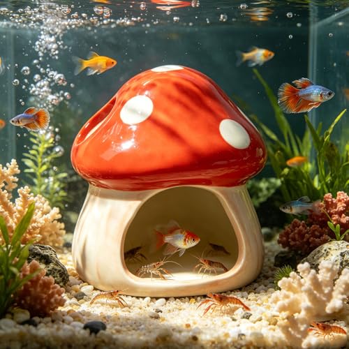 Image of Cute Aquarium Mushroom House Betta Fish Tank Accessory Decor Mini Ceramic Fish Hideout Shrimp Cave Ornament (Red)