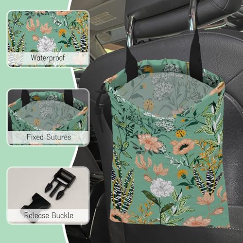 Image of Blooming Flower Car Trash Bag,Garden Floral Hanging Drawstring Car Garbage Bag,Waterproof Canvas Car Back Seat Organizer with Adjustable Buckle,for Vehicles,SUVs,Camping,Road Trips