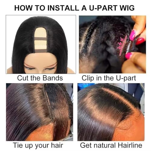 U Part Bob Wig for Women Human Hair Half Wig Easy to Wear For Daily Wear Vacation Ready Natural Black Color Protect Hairline with Scalp 150% Density 10 Inch - Image 3