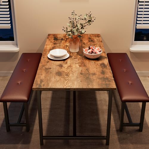 CABIHOME Dining Table Set for 4, Kitchen Table Set for 4 with Upholstered Benches, Rectangular Dining Room Table Set for Small Space, Apartment, Studio, Rustic Brown
