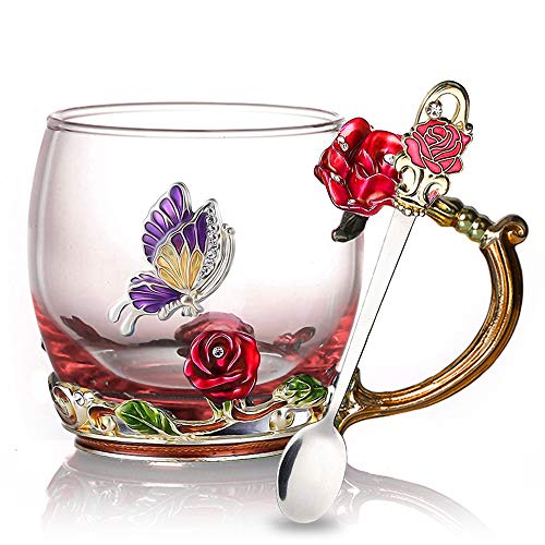 Tea Cup Glass Coffee Mugs Enamel Rose Flower Butterfly Drinking Cups with Spoon
