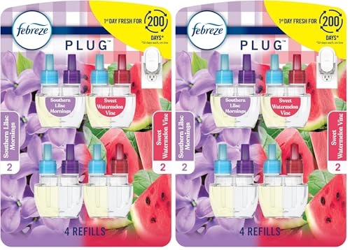Image of Febreze Odor-Fighting Fade Defy PLUG Air Freshener, Southern Lilac Mornings, Sweet Watermelon Vine, (2 of Each), .79 fl. oz. Oil Refill, 4 Count (Pack of 2)