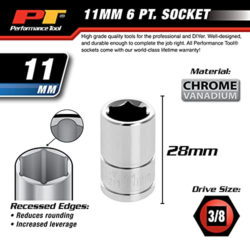 Performance Tool W38211 6-Point Socket, 3/8" Drive, 11Mm #TOP4