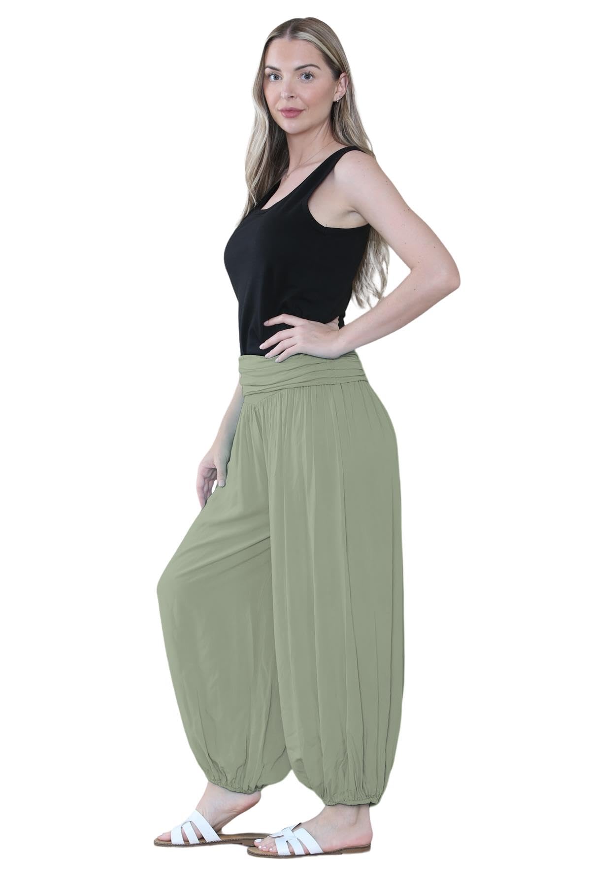 Pantaloni harem larghi da donna italiani Alibaba, comodi ed eleganti, vestibilità larga, pantaloni harem da donna UK | Pantaloni estivi perfetti per le donne UK, cachi, Taglia unica