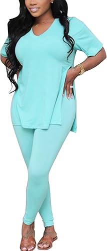 Adogirl Conjunto deportivo de 2 piezas con abertura para mujer, conjunto deportivo de manga corta + pantalones largos ajustados casuales