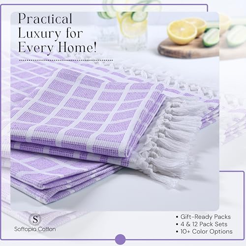 Image of Matrix Dobby Kitchen Towels Set of 12, 100% Cotton, Combo Pack, 16 inchx26 inch, Absorbent Tea Towels with Handmade Tassels, Reusable Cleaning Cloths - Lavender, Sandal Yellow, Aqua Blue