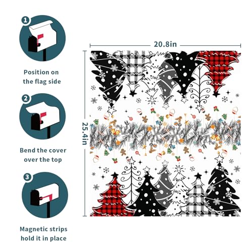 Image of Xmas Trees Mailbox Cover Magnetic 25.5 inchx21 inch Red Black Buffalo Plaids Falling Snowflakes Winter Collection Mailbox Wrap Post Cover Large Size for Yard Garden Outside Holiday Decor