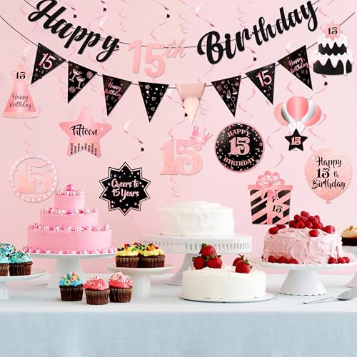 Image of 15th Birthday Decorations for Girls Rose Gold Pink Pre Strung Happy 15th Birthday Banner and Hanging Swirls 15 Year Old Party Decorations Supplies