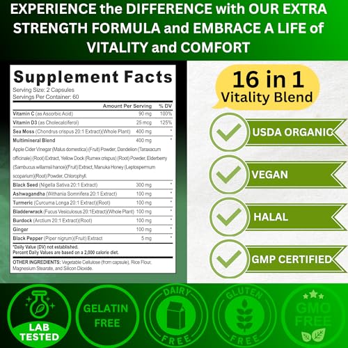 Organic Irish Sea Moss, Black Seed Oil, Ashwagandha, Turmeric,Ginger Capsule, Bladderwrack, Burdock, VIT C&VIT D3, Elderberry, Manuka Honey, Dandelion, Yellow Dock, Apple Cider Vinegar, Halal, Vegan - Image 4