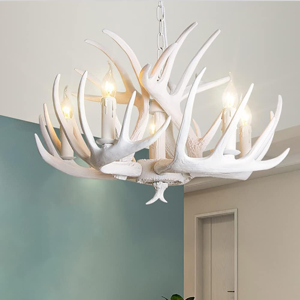Resin Antler Chandelier Two Tier Rustic Antler Fixture, 5 Lights Farmhouse Hanging Light, 27.5" Candle Pendant Light in White