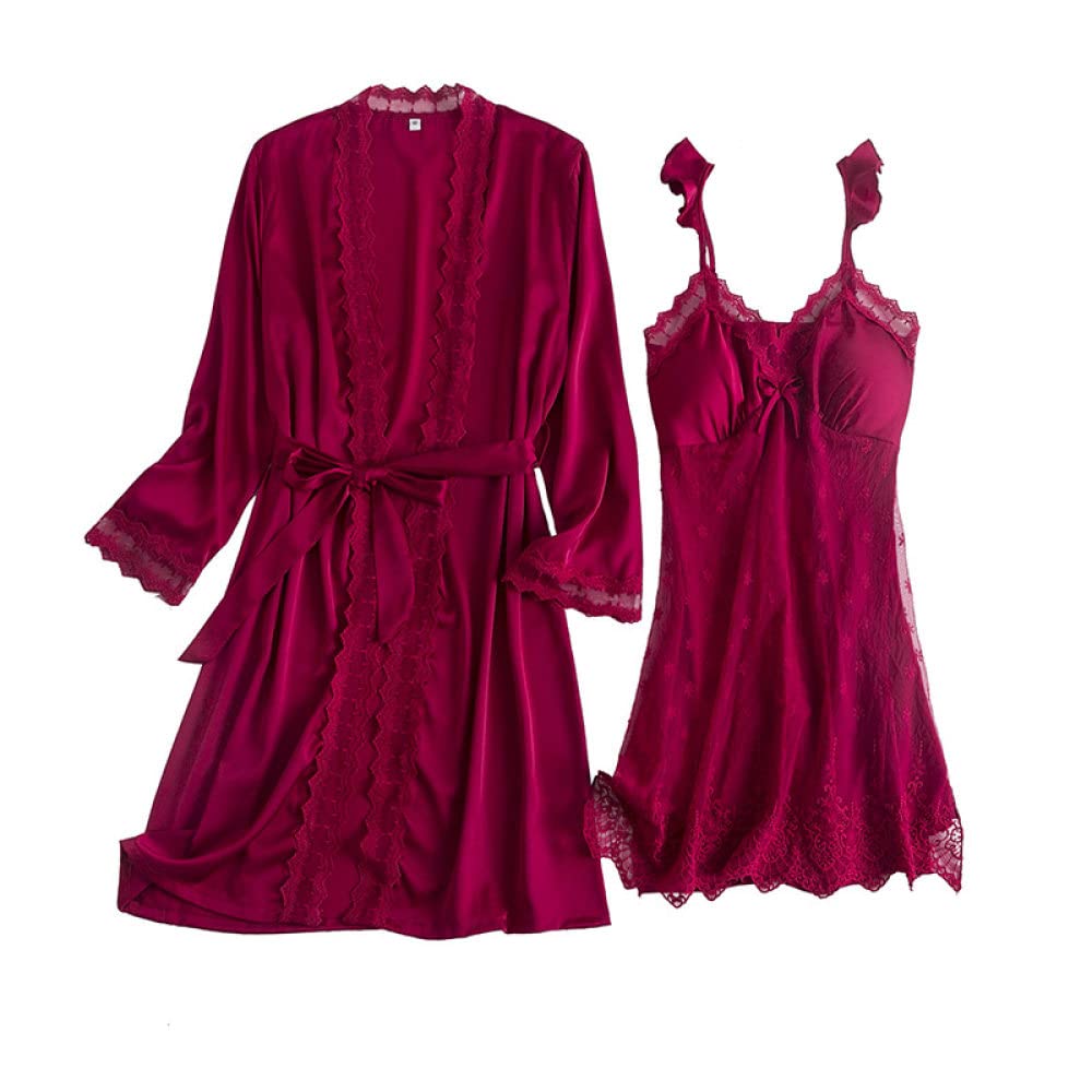 Pigiama Raso Donna,Set Di 2 Accappatoi In Raso Ricami Floreali Retrò Camicia Da Notte In Pizzo Abito Kimono Sottile Vestaglia Con Cintura Elegante Vestaglia Da Sposa Bademantel Damen,Bordeaux Rosso