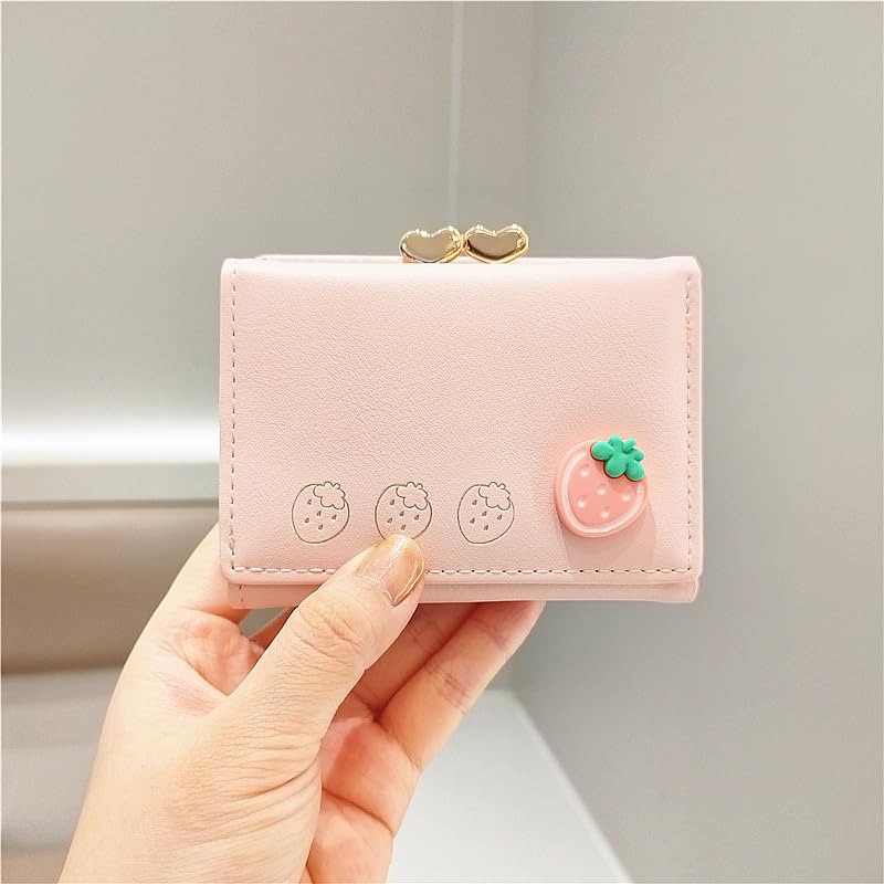 Image of Valerie Cute Small Wallets Clutch for Teen Girl Women PU Leather Trifold Small Wallet Cash Pocket 3D Buckle Card Holder Coin Purse with ID Window for Girls Women (Pink)