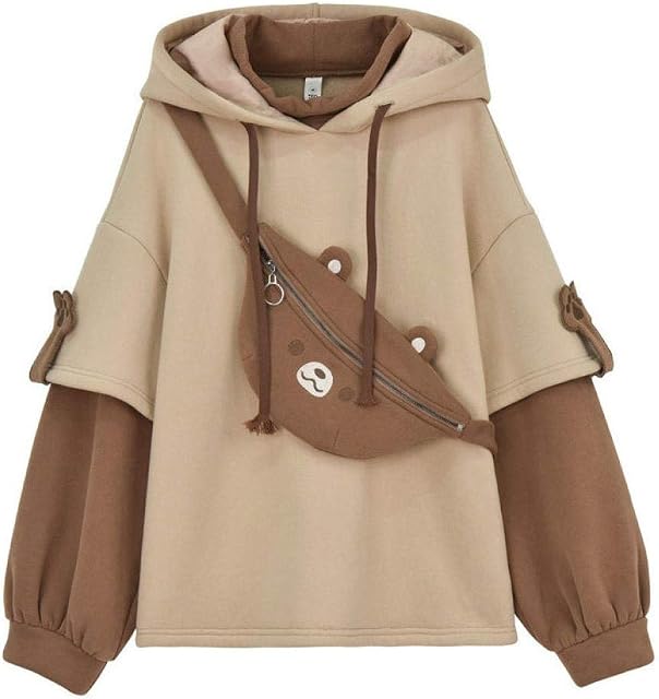 XYXZGM Womens Harajuku Aesthetic Bear Anime Hoodie, Korean Kawaii, Round Neck Streetwear, Kpop Autumn and Winter Clothing, Tops, beige, L