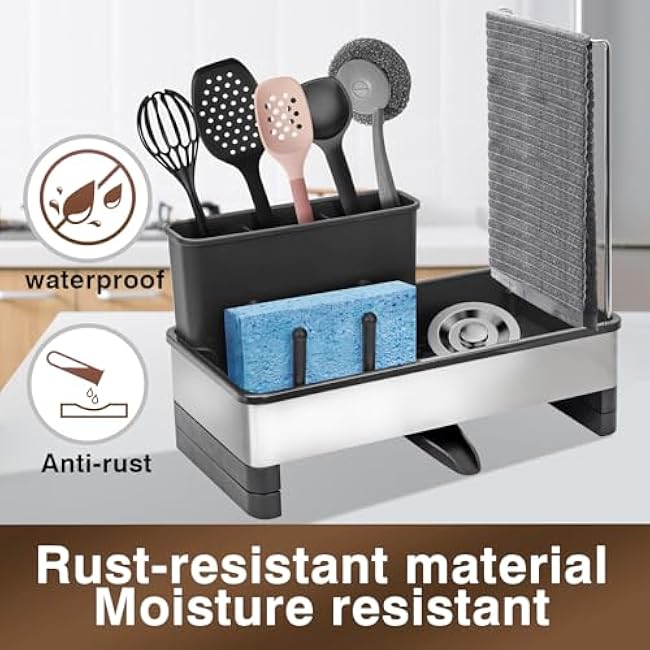 Kitchen Sink Caddy, Sponge Holder for Kitchen Sink,Dish Sponge Holder,Stainless Steel Sink Caddy,Soap Dispenser Kitchen Organizers Storage (Black)