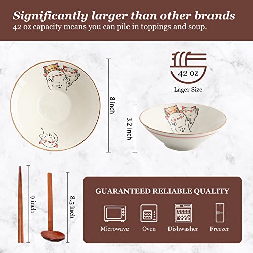 Njcharms Ceramic Japanese Ramen Noodle Soup Bowl, 2 Sets (6 Piece) 42 Ounce, With Matching Spoon And Chopsticks For Udon Soba Pho Asian Noodles (8 Inch, Beige) #TOP1