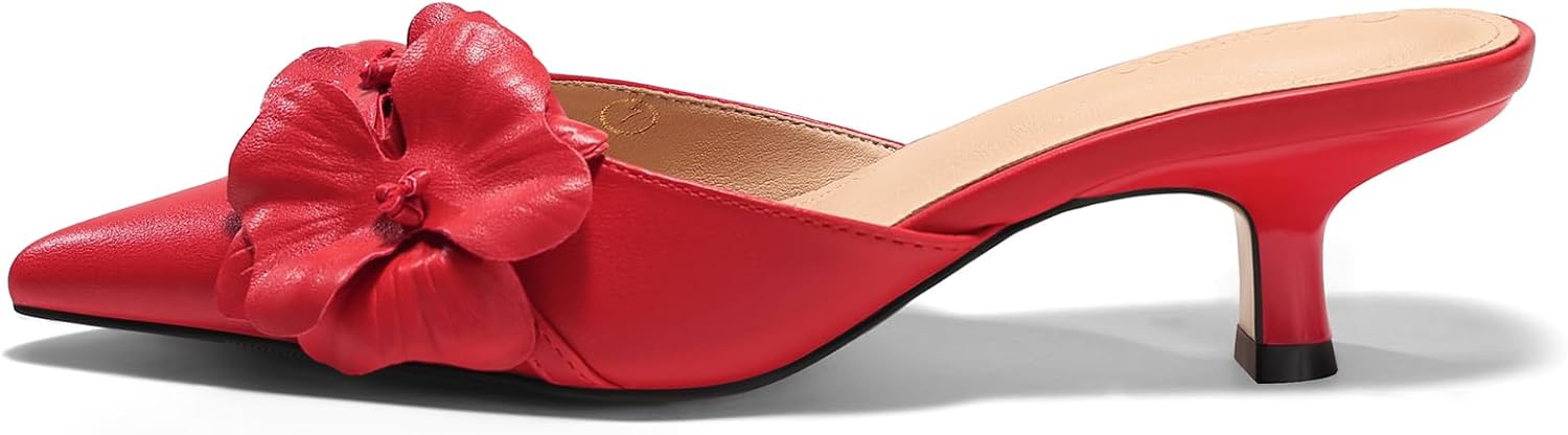Coutgo Womens Mules Kitten Heels Closed Pointed Toe Pumps Flower Slip On Party Dress Shoes