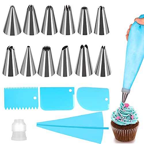 Icing Piping Bag and Tips, 17 Pcs Cupcake Decorating Kit with Cake Scrapers, Frosting Tips and Bags, Professional Cake Frosting Tools, Icing Tips for Baking Decorating