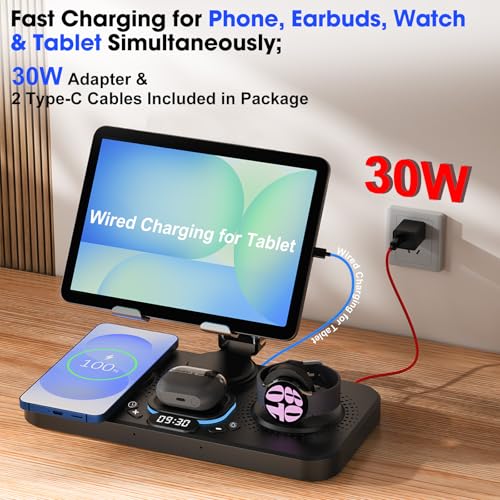 30W Magnetic Wireless Charger for Samsung Foldable Android Mag-Safe Charging Station for Galaxy Tab with Clock &7 Color Light, Watch Charger for S25 Ultra, for Samsung Watch8, Galaxy Buds3 Pro(Black - Image 4