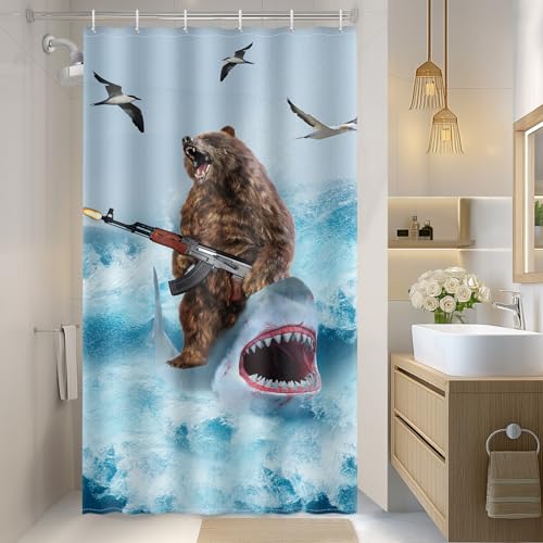 Image of Aimego Stall Small Shower Curtain - Funny Bear Riding Shark in Ocean Wave Fun Cool Crazy Narrow Half Fabric Cloth Bath Shower Curtain Set for Adults Bathroom Decor Accessories, 36 inchx72 inch, Blue Brown