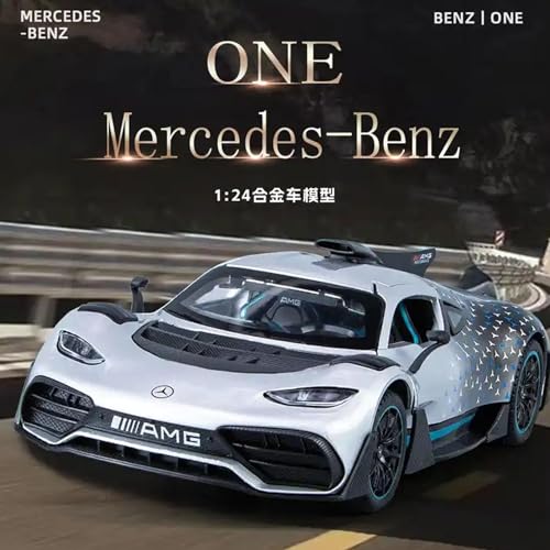 Image of 1:24 AMG ONE Diecast Metal Car Pull Back Alloy Model Toy with Openable Doors Lights & Sound Realistic Collectible Supercar Gift for Kids Boys & Car Enthusiasts (Silver)