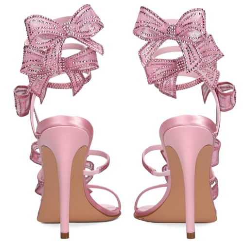 Yolkomo Women's Rhinestone Stiletto High Heel Sandals with Crystal Bow Sexy Wrap Around Sparkly Dressy Party Prom Wedding Heels3