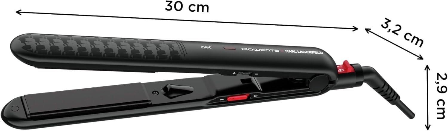 Rowenta x Karl Lagerfeld Optiliss Ionic, Plancha de pelo con revestimiento cerámico para un pelo suave, 10 temperaturas hasta 230º, alisado eficiente, rizos y ondas, negro, SF323L