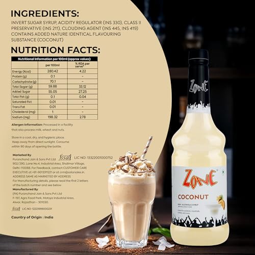 Image of Zone Flavoured Syrups 1000ml - Premium Cafe-Style Syrups for Mocktails, Cocktails, Milkshakes, Coffees, Iced Teas, Sodas & Desserts | Perfect for Home Use, Small Cafes, Bars & Gifting (Coconut)