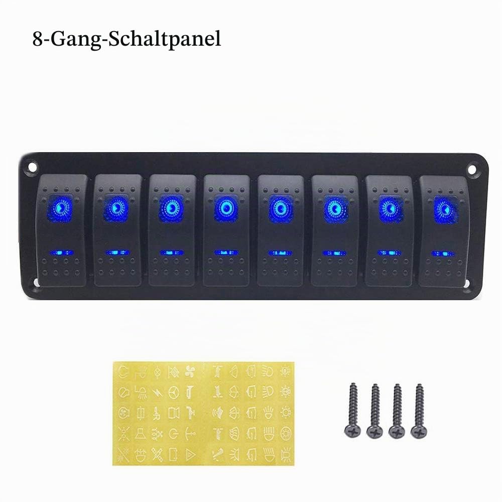 8 Gang Wippschalter-Panel, Wasserdichte Schalter Panel, Kippschalter Panel12V/24V mit blauer LED-Leuchte Wippschalter für Marine boot Wohnmobil Fahrzeuge LKW