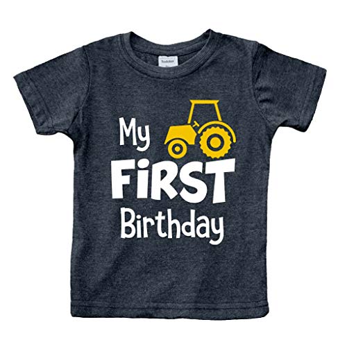 First Birthday boy Outfit My 1st Tractor Shirt Construction one Year Old Gifts (White on Charcoal Black, 12 Months)