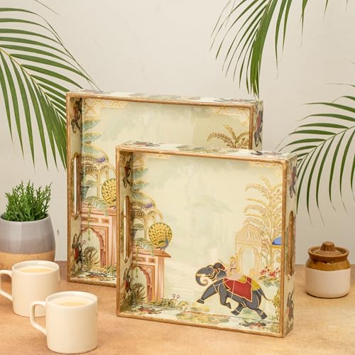 Image of Wooden Serving Tray with Gold Engraving | Set of 2 | Size : 12 x 12 inch & 10 x 10 inch | Enamel Coated Waterproof | Square Trays | Decorative Trays | (Elephant Square Trays Set)