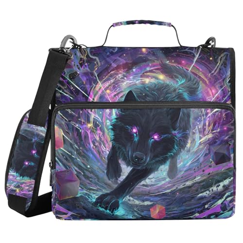 Image of Black Wolf Purple Eyes Galaxy Zipper Binder Bag 3 Ring Binder with Shoulder Strap Zip Up 500 Sheets Capacity Multi Pockets for School Office Supplies