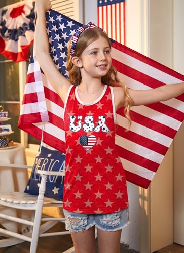 Image of 4th of July Girls Flag Tank Top Back Bow Sleeveless Patriotic Holidays T-Shirt 4-14 Years