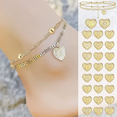 2023 Summer Beach Anklet Bracelets For Women,14K Gold Ankle Bracelet,Summer Jewelry For Teen Girls,Heart Anklet 26 Letter Initial M For Ladies Trendy Foot Beach Jewelry Gifts Mother's Day Mom #TOP1