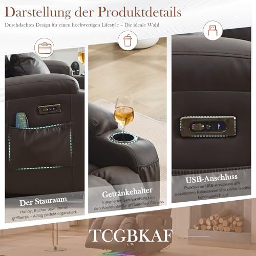 TCGBKAF Relaxsesel mit Liegefunktion, Eletrisch TV Sessel Fernsehsessel Eletrisch Verstellbar Kinosessel Massagesessel mit Wärmefunktion,USB & Getränkehalter,Sessel Wohnzimmer (1, Braun) – Bild 8