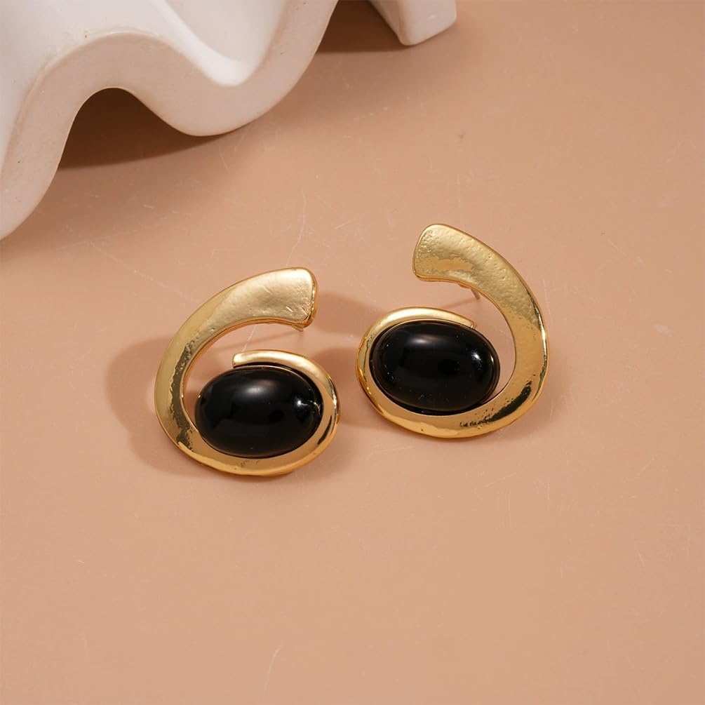 Chunky Gold Turquoise Swirl Stud Earrings for Women Statement Unique Black Oval Crystal Earring Vintage Jewelry Gift Western Party Costume Accessories - Image 7