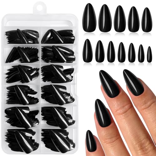 Bellelfin 240Pcs Almond Press on Nails, Glossy Black Nails Press ons Full Cover Almond Fake Nails Acrylic Press on Nail Medium Glue on Nails for Women Girls