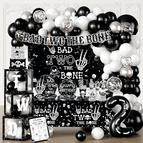 cocomigo Bad Two the Bone Party Decorations Boy for 25 Guests 292PCS Cute Skeleton-Themed Black White All-in-One 2nd Birthday Decorations with Balloon Arch Plates Banner Cake Topper & Centerpieces