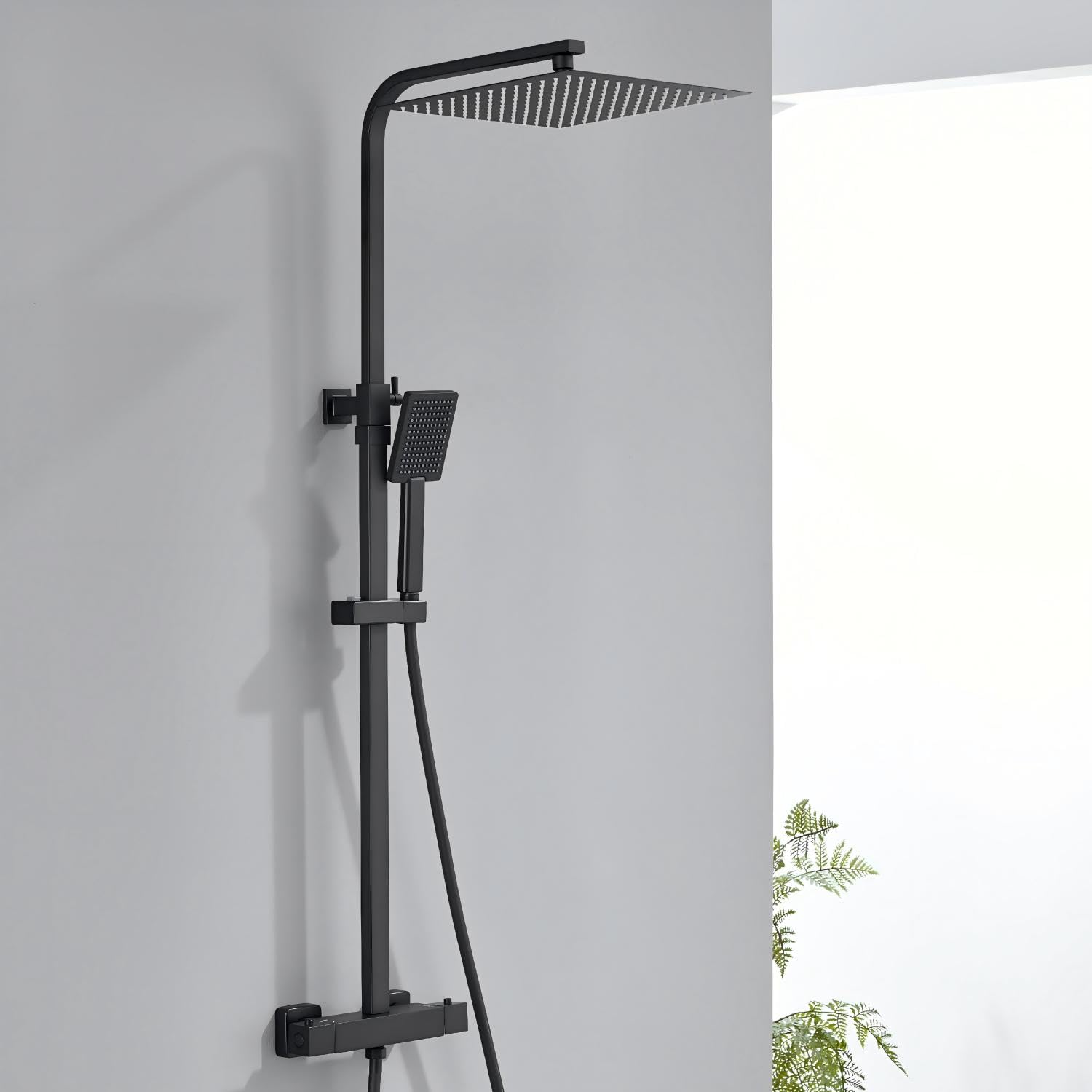 Auralum Duscharmatur Schwarz Komplettset mit Thermostat, Duschset Regendusche Schwarz mit 30X30cm Duschkopf, Höhenverstellbar 80-124cm, Duschsystem mit Messing Duscharmatur, Edelstahl Duschgarnitur