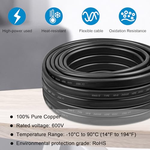 Image of 6 /2 Wire with Ground - 10FT 6 Gauge NM-B Non-Metallic Sheathed Cable 100% Pure Copper 6 AWG 2 Conductor Residential Indoor Wire for Outlets, Switches, Other Loads and Lighting Wiring Projects etc.