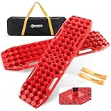 BUNKER INDUST Off-Road Traction Boards with Jack Base,Pair Recovery Track 4X4 Jeep Truck Emergency Tire Traction Mat with Bag -Sand, Mud, Snow Tracks Red Traction Pad (Gen 7th)