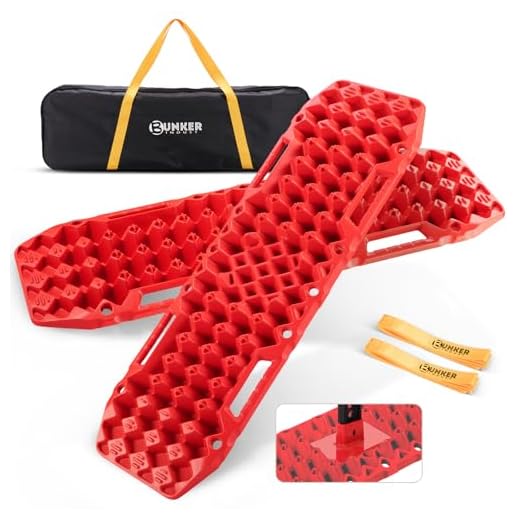 BUNKER INDUST Off-Road Traction Boards with Jack Base,Pair Recovery Track 4X4 Jeep Truck Emergency Tire Traction Mat with Bag -Sand, Mud, Snow Tracks Red Traction Pad (Gen 7th)