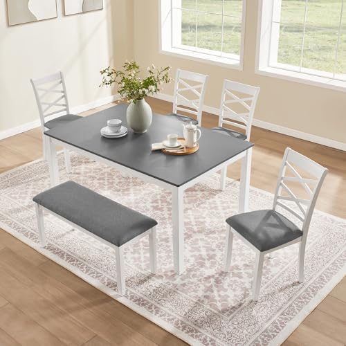 Image of Harper & Bright Designs 6-Piece Dining Set for 6, Modern Wood Kitchen Table Set with Upholstered Chairs and Bench, Space-Saving 58.5 inch Table for Dining Room, Kitchen, or Living Space