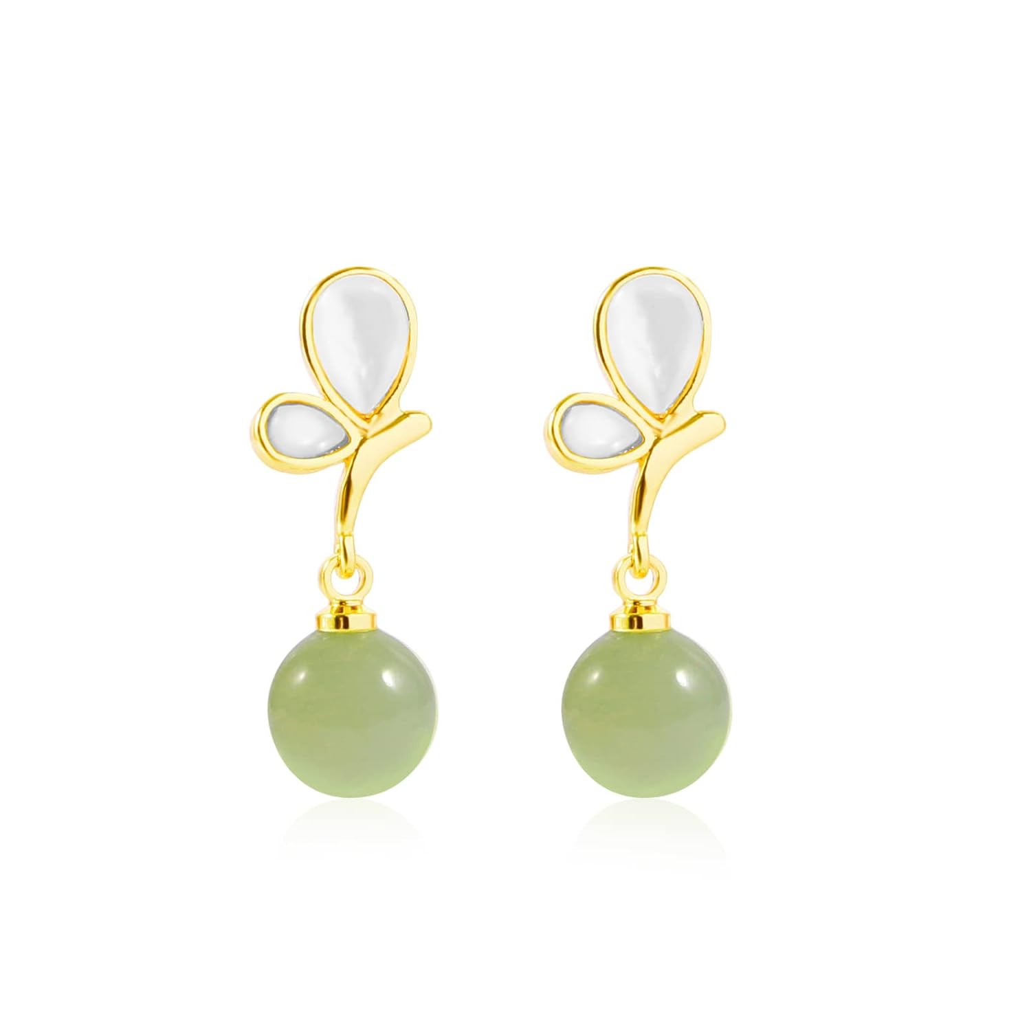 Hetian Jade & Butterfly Pendant Earrings, Green Jade Charm (925 Silver, Gold Plated)