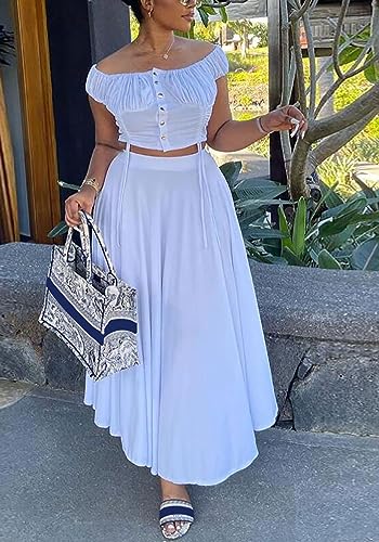2 Piece Skirt Outfits for Women Sexy Off Shoulder Top Maxi Flowy A Line Skirts Casual Set4