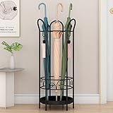 mosegor Regenschirmständer aus Metall, Runder Schirmständer, Schirmhalter universal, mit 3 Haken und Regenschale, Freistehender Schirmständer, 60 x Ø 25 cm (schwarz)