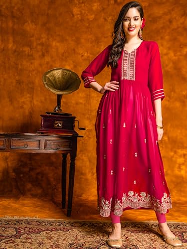 Image of EthnicJunction Women's Georgette Relaxed Fit A Line Embroidered Naira Cut A-Line Kurta | Karva Chauth Special Kurta