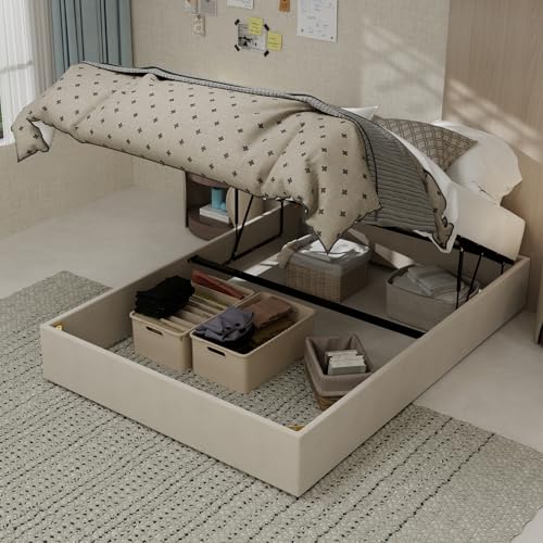 kozamas Cama tapizada de 140 x 200 cm con plataforma para espacios pequeños e invitados con espacio de almacenamiento de gas – Incluye somier – Beige Dutch Velvet